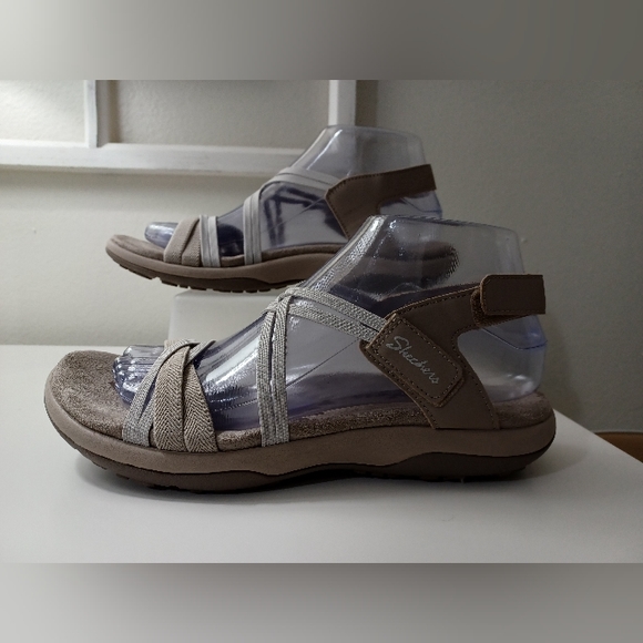 Skechers Women's Memory Foam Sandals Strappy Stretch Cushion Comfort Taupe 8 - Picture 3 of 10